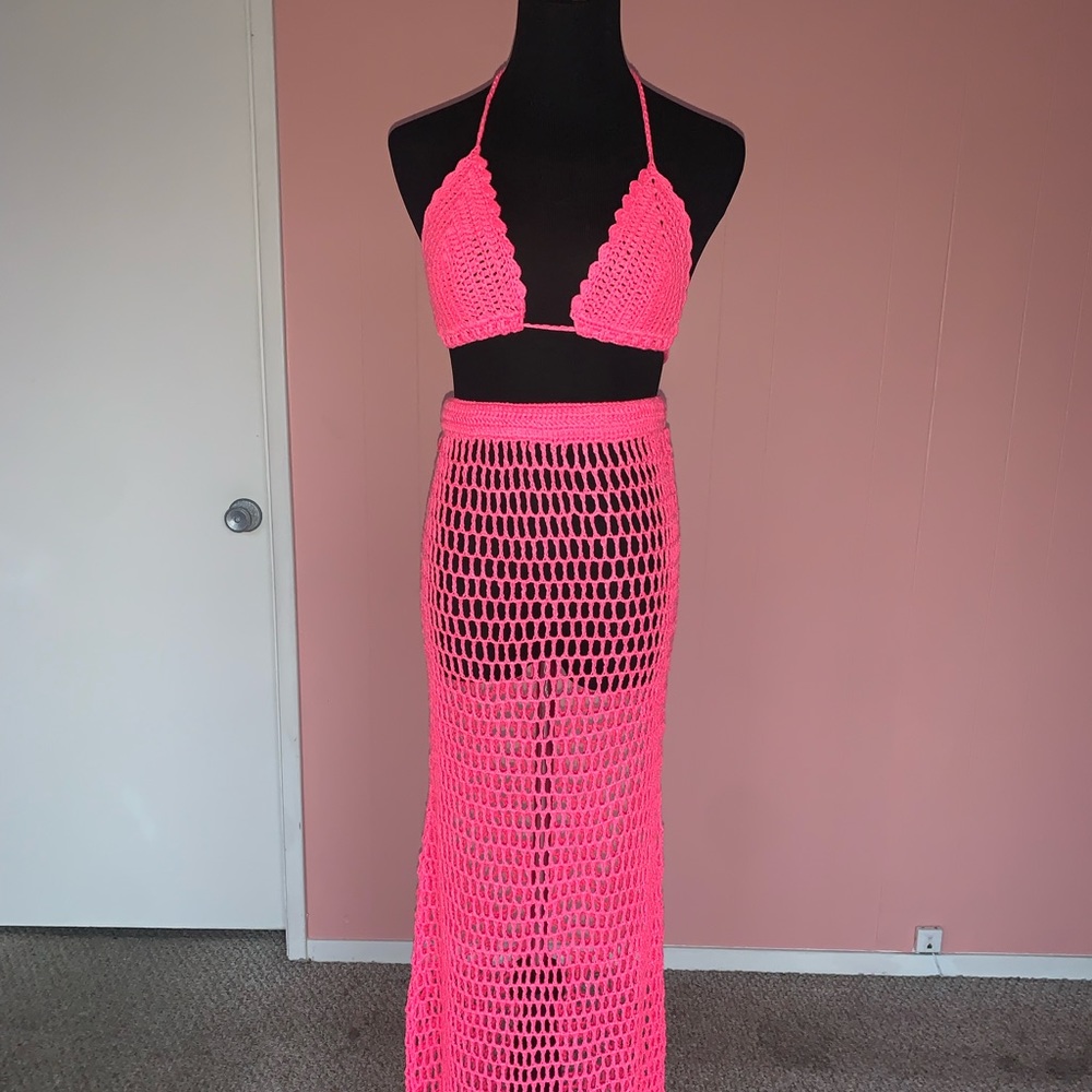 Crochet Bralette top and skirt bottom pink size s